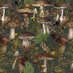 Psychadelic Mushroom Dance - Nostalgic Dark Moody Florals Forest Psychedelic  Mushroom Kitchen Wallpaper,  Vintage Edible Mushrooms Forest Fabric,  Antique Greenery, Fall Home Decor,  Woodland Harvest gray 