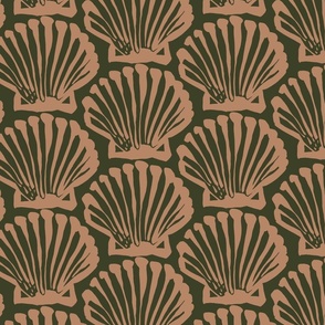 Coastal Chic Brush Stroke Ocean Shell Pattern with Hand-drawn Rusty Terracotta Orange Seashells on Earthy Dark Green in Maritime, Country House Style for Cottagecore Home Decor, Coastal Grandmother Upholstery, Farmhouse Kitchen Wallpaper