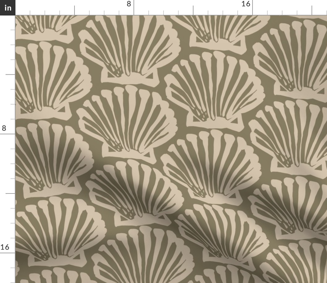 Coastal Chic Brush Stroke Ocean Shell Pattern with Hand-drawn Sage Green Seashells on Earthy Nude Sand Beige in Maritime, Country House Style for Cottagecore Home Decor, Coastal Grandmother Upholstery, Farmhouse Kitchen Wallpaper