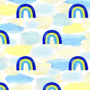 Watercolour illustration. Yellow and blue rainbows and clouds. Seamless floral pattern-261.