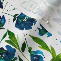 Bleu Bayou-Blue and Green Watercolor Floral on White