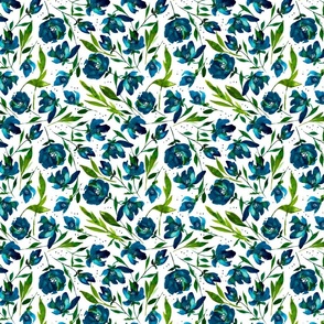 Bleu Bayou-Blue and Green Watercolor Floral on White