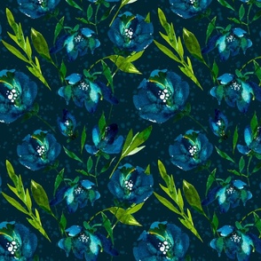 Amour Bleu-Blue and Green Watercolor Floral on dark blue