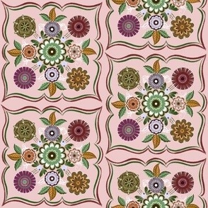 Folk Art Daisy Flower Bunch Half-Drop - Pink Green Purple