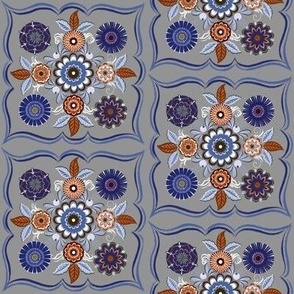 Folk Art Daisy Flower Bunch Half-Drop - Grey Blue Vinous