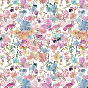 Wildflowers Wild Flowers Watercolor Delicate Hand Painted Purples Pinks Periwinkle Soft Feminine Dress Wallpaper