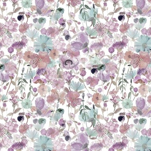 Watercolor Wildflowers Desaturated Teal Purple Plum Beautiful Detailed Cottagecore Farm House Wallpaper