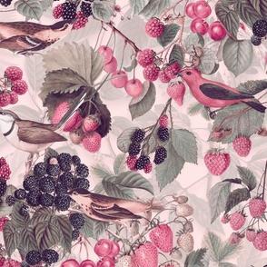 Fresh Summer Fruit And Bird Pattern Pastel Pink