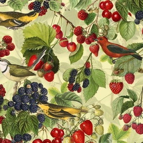 Fresh Summer Fruit And Bird Pattern On Light Green 