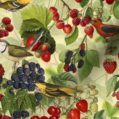 Fresh Summer Fruit And Bird Pattern On Light Green Smaller Scale