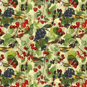 Fresh Summer Fruit And Bird Pattern On Light Green Smaller Scale