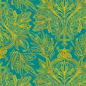 Heritage golden ombre textured damask, hand drawn 12” repeat in cornflower serenity blue