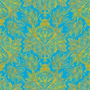 golden ombre textured damask, hand drawn 12” repeat in cornflower serenity blue