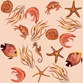 Seashells, sea stars, shrimps 