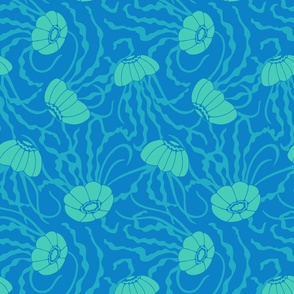 Jellies Gently Swimming Jellyfish Coastal Ocean Undersea Aquarium Sea Creatures in 1970s Retro Turquoise on Blue - SMALL Scale - UnBlink Studio by Jackie Tahara
