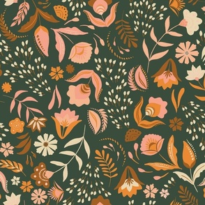 Boho folk floral non-directional ditsy pattern featuring earthy tones and nude pinks on a dark forest green