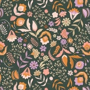 Boho folk floral non-directional ditsy pattern featuring lilac and ochre on a dark navy background