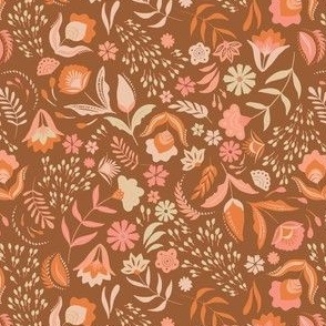 Boho folk floral non-directional ditsy pattern featuring earthy tones and nude pinks 