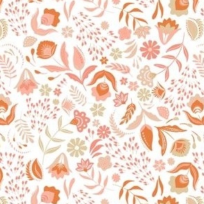 Boho folk floral non-directional ditsy pattern featuring earthy tones and nude pinks on white
