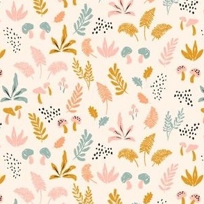 Small ditsy botanical forest leaves and fungi in nude, pink, mustard and blue