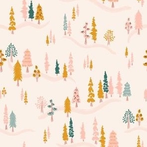 Modern, hand drawn nature forest tree trail in pink, mustards and green 