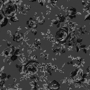 Black,dark,moody,floral toile,chinoiserie,roses,