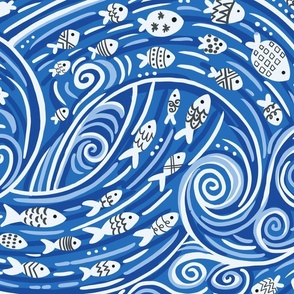 wonderful world of fishblue and white wallpaper scale