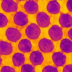 big messy paint dots - karmic purple on orange