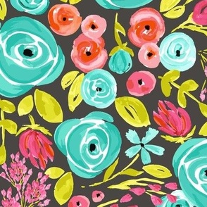 Bright pink, orange, and blue summer watercolor flowers on a gray background