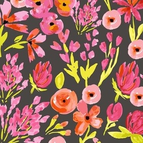 bright pink and orange watercolor flowers on gray background
