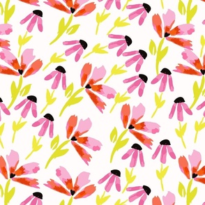 bright pink and orange summer flowers on an off white background
