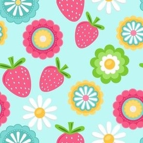 A summer pattern including strawberries and flowers on a blue background