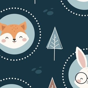 Cute Woodland Animal Pattern on Blue, Large Scale