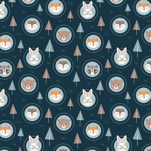 Cute Woodland Animal Pattern on Blue, Small Scale