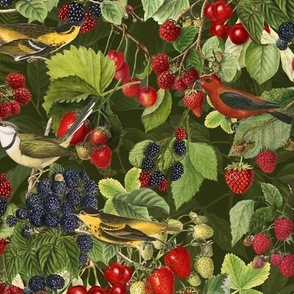 Fresh Summer Fruit And Bird Pattern On Dark Green