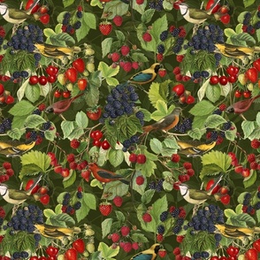 Fresh Summer Fruit And Bird Pattern On Dark Green Smaller Scale