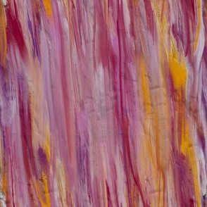 Hand painted painterly vertical abstract stripes, buttery oil acrylic paint 12” repeat deep cerise pink, orange, grey
