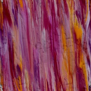 Hand painted painterly vertical abstract stripes, buttery oil acrylic paint 12” repeat cerise, pink. Orange, deep mulberry