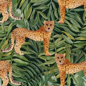 Watercolour Jungle Leopard And Leaves Dark Green Medium
