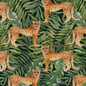 Watercolour Jungle Leopard And Leaves Dark Green Small