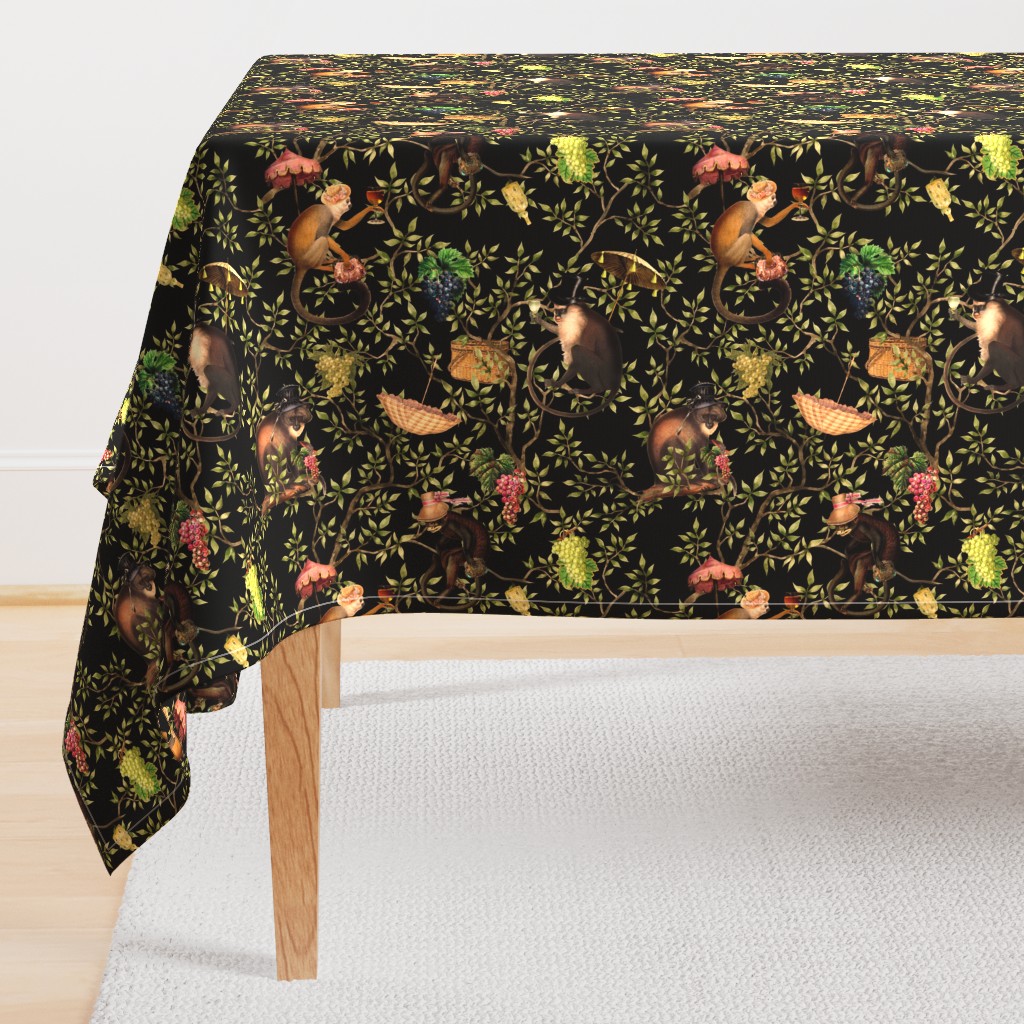 Turned left - 14" nostalgic Monkeys Garden Party -  Antique dark moody floral Chinoiserie with drunk monkeys  black- Marie Antoinette Chinoiserie inspired