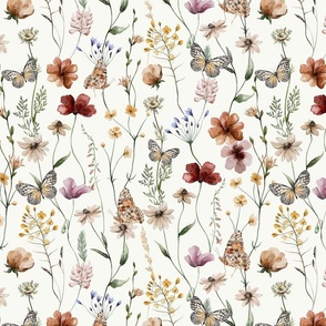 14" A beautiful cute Dried Pressed Wildflowers Meadow flower garden with wildflower and grasses and insects on white background-  for home decor Baby Girl and nursery  fabric perfect for kidsroom wallpaper,kids room   single layer