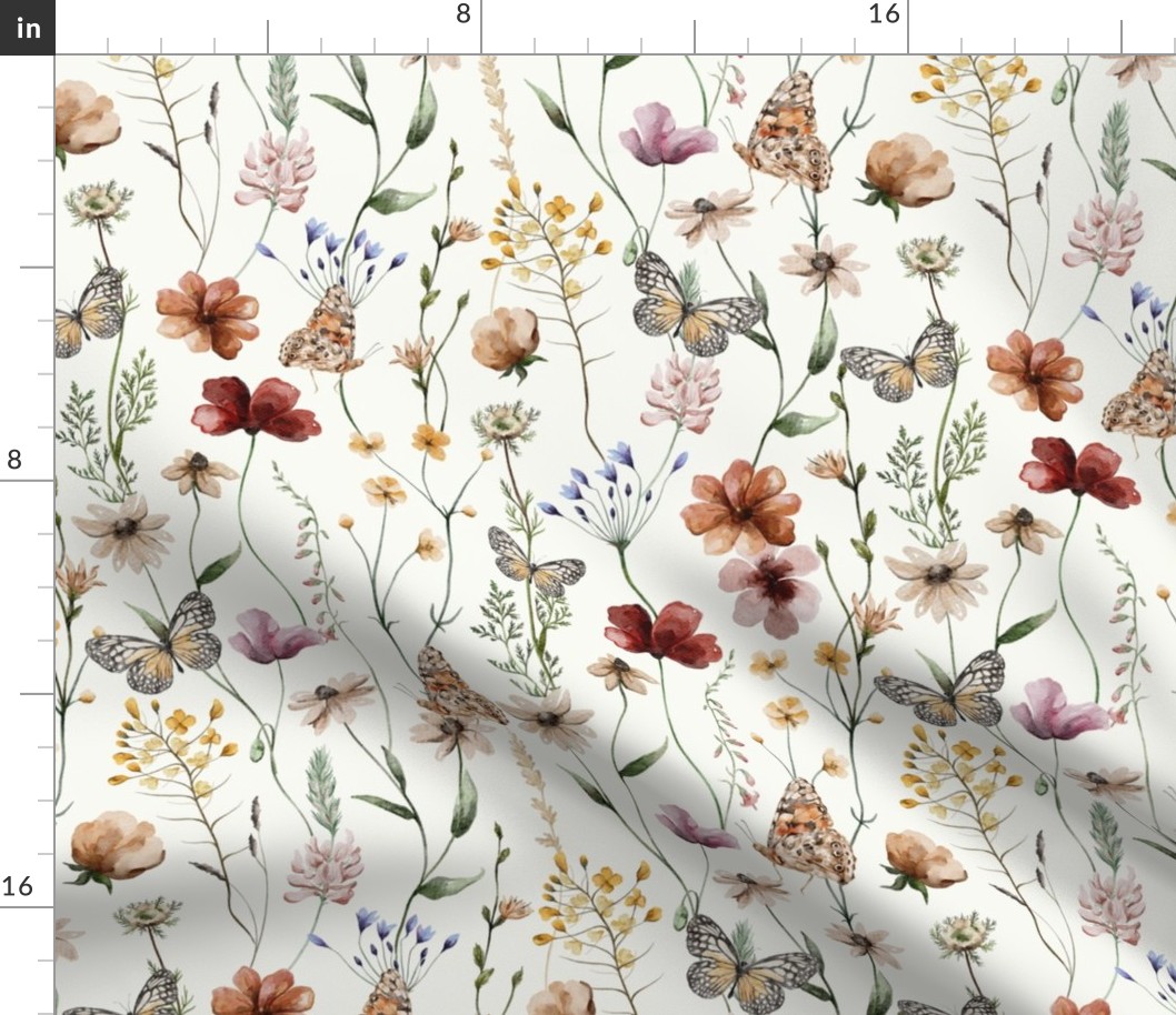 14" A beautiful cute Dried Pressed Wildflowers Meadow flower garden with wildflower and grasses and insects on white background-  for home decor Baby Girl and nursery  fabric perfect for kidsroom wallpaper,kids room   single layer