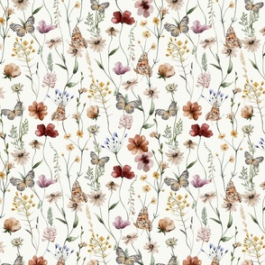 10" A beautiful cute Dried Pressed Wildflowers Meadow flower garden with wildflower and grasses and insects on white background-  for home decor Baby Girl and nursery  fabric perfect for kidsroom wallpaper,kids room   single layer