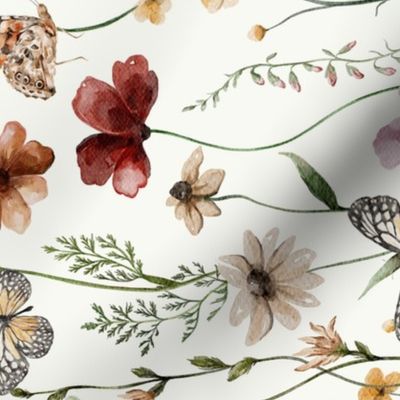 Turned left 18" A beautiful cute Dried Pressed Wildflowers Meadow flower garden with wildflower and grasses and insects on white background-  for home decor Baby Girl and nursery  fabric perfect for kidsroom wallpaper,kids room  single layer