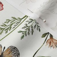 Turned left 18" A beautiful cute Dried Pressed Wildflowers Meadow flower garden with wildflower and grasses and insects on white background-  for home decor Baby Girl and nursery  fabric perfect for kidsroom wallpaper,kids room  single layer