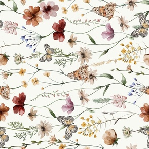 Turned left 18" A beautiful cute Dried Pressed Wildflowers Meadow flower garden with wildflower and grasses and insects on white background-  for home decor Baby Girl and nursery  fabric perfect for kidsroom wallpaper,kids room  single layer