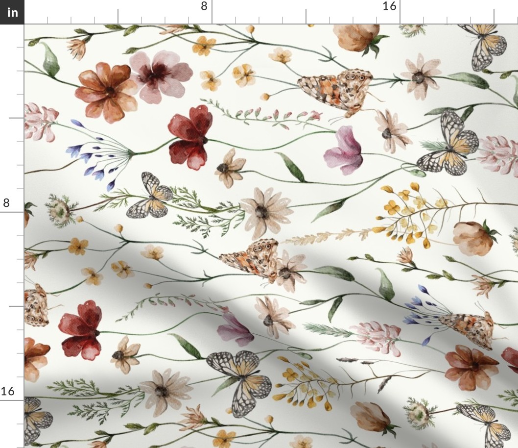 Turned left 18" A beautiful cute Dried Pressed Wildflowers Meadow flower garden with wildflower and grasses and insects on white background-  for home decor Baby Girl and nursery  fabric perfect for kidsroom wallpaper,kids room  single layer