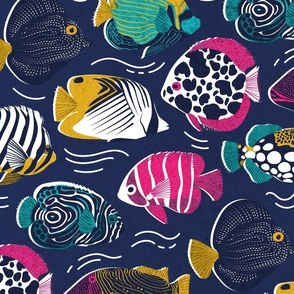 Large jumbo scale // Fin-tastic fishes // oxford navy blue background fuchsia pink red yellow and teal quirky patterned angelfishes and other fishes 