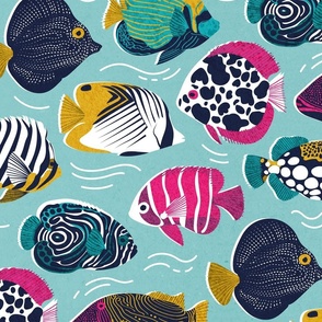 Large jumbo scale // Fin-tastic fishes // mint textured background fuchsia pink red yellow and teal quirky patterned angelfishes and other fishes 